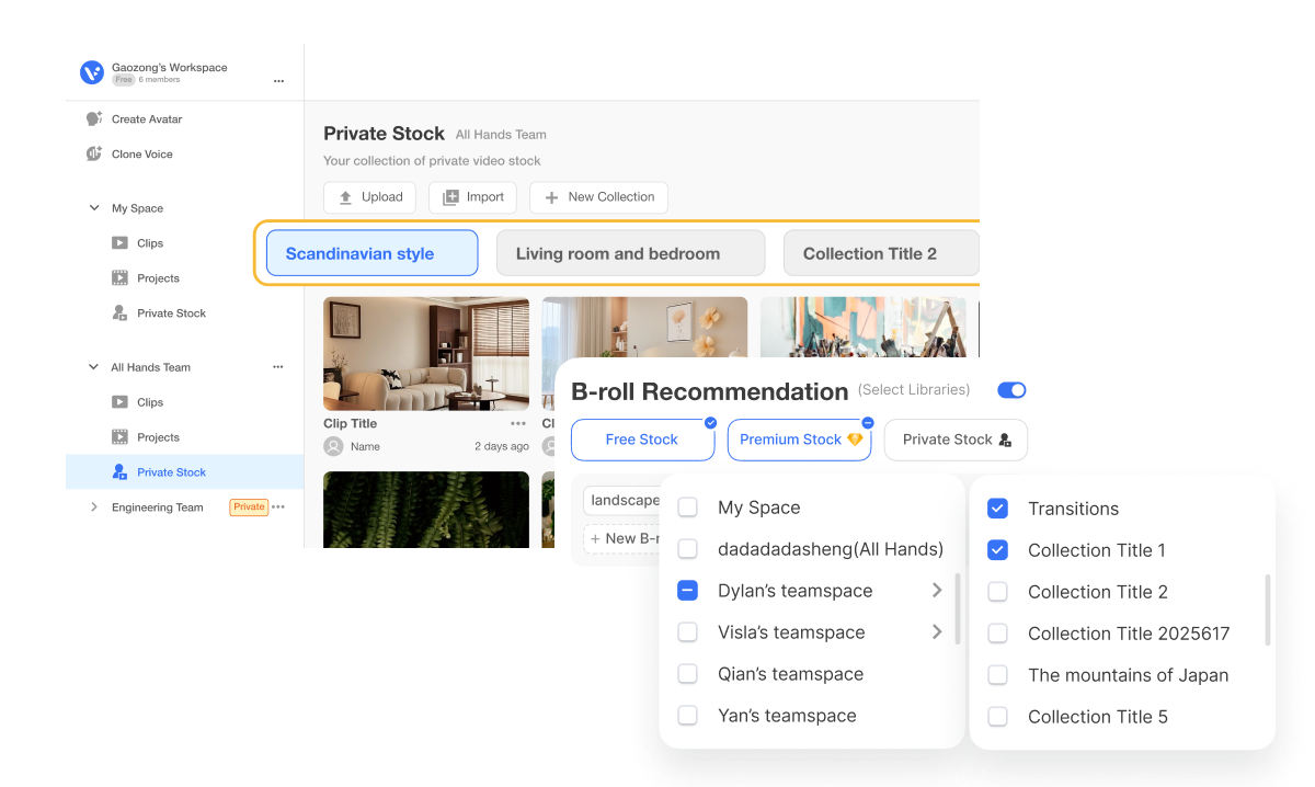 Interior designer using Visla Private Stock for interior designers to organize renderings, apply AI tagging, and build Collections for proposal videos